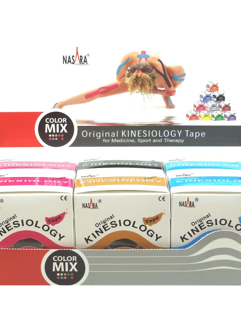 6 Nasara Color Mix Kinesiologische Tapes, 5 cm x 5 m in einer Faltschachtel in den Farben 2 blau, 2 pink, 1 schwarz, 1 beige