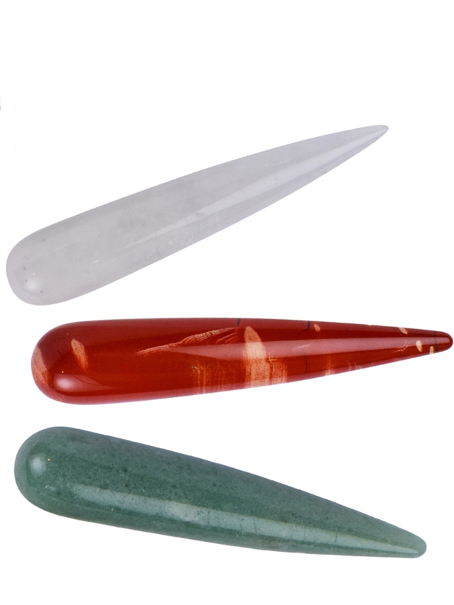 Massagegriffel-Set Grundset Bergkristall, Aventurin, roter Laspis