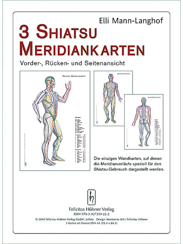 Drei Shiatsu Meridiankarten. Vorder-, Rücken- und Seitenansicht